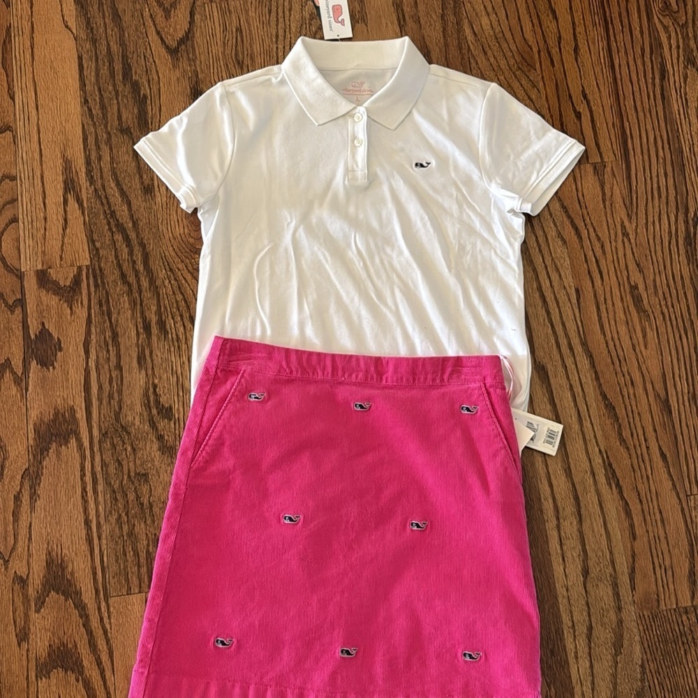Vineyard Vines Classic Pique Polo large & hot pink corduroy whales skirt NWT